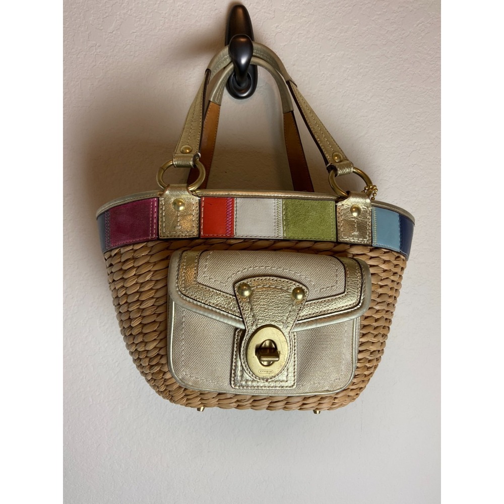 Coach Womens Legacy Stripe Tote Purse No. L0668-10748 Straw Wicker Beach Bag